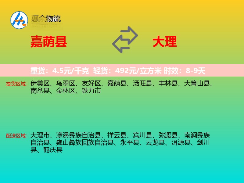 嘉荫县到大理物流专线