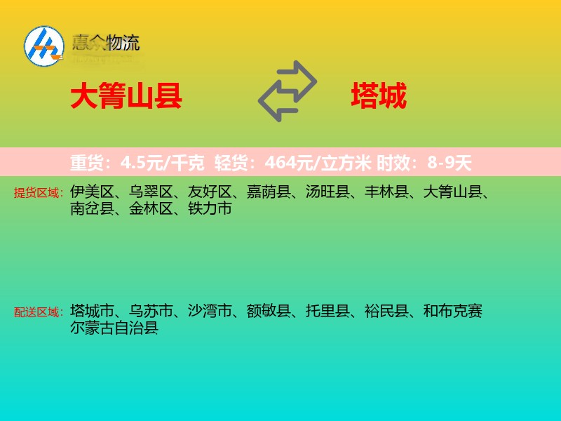 大箐山县到塔城物流专线