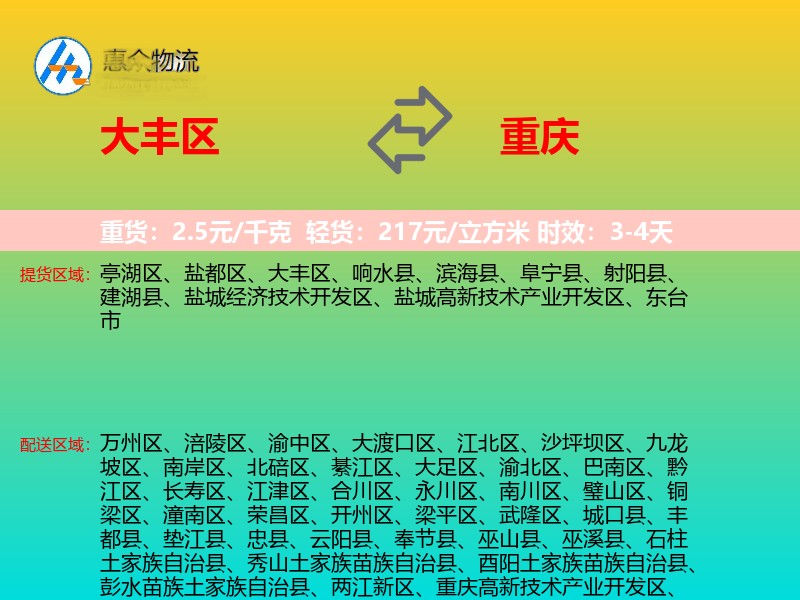 大丰区到重庆物流专线