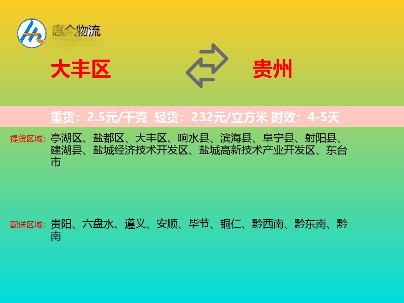 大丰区到贵州物流专线