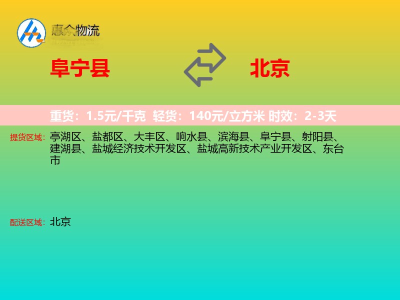 阜宁县到北京物流专线