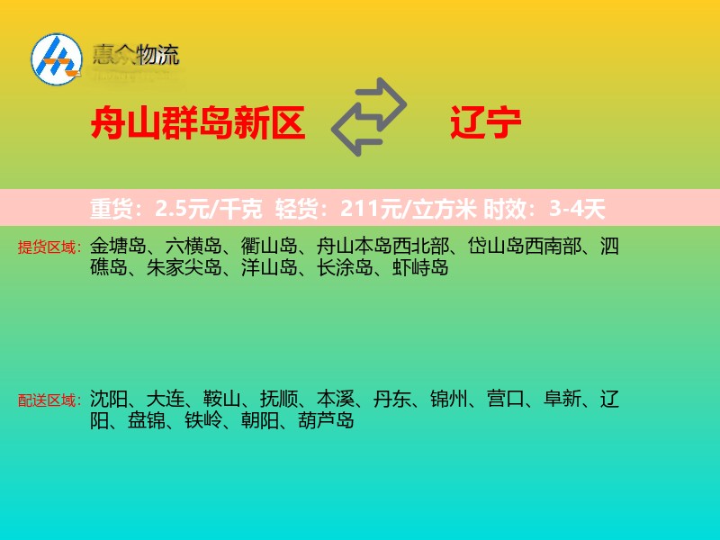 舟山群岛新区到辽宁物流专线