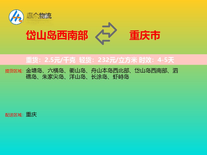 岱山岛西南部到重庆市物流专线