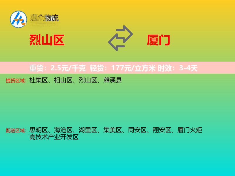 烈山区到厦门物流专线价格时效