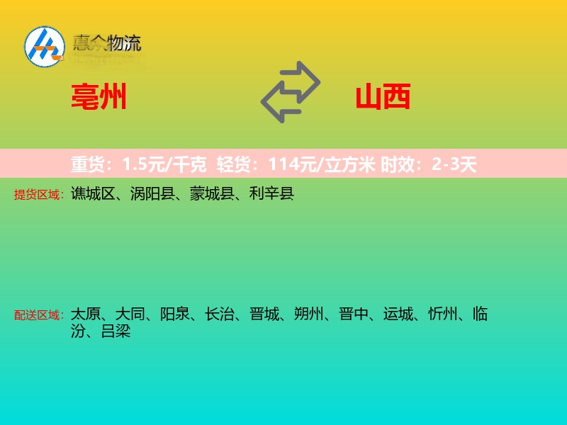 亳州到山西物流专线