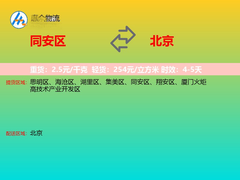 同安区到北京物流专线