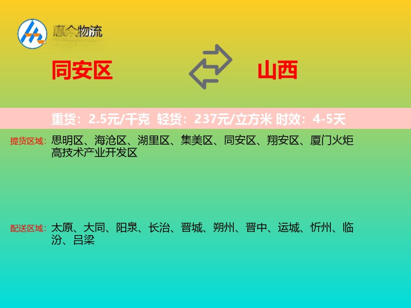 同安区到山西物流专线
