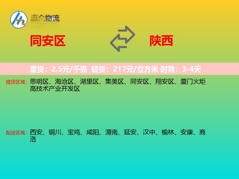 同安区到陕西物流专线