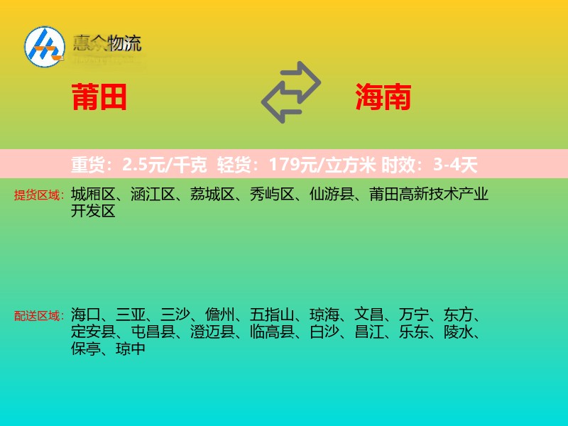 莆田到海南物流专线