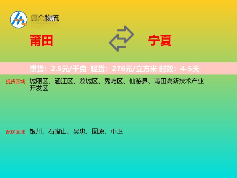 莆田到宁夏物流专线