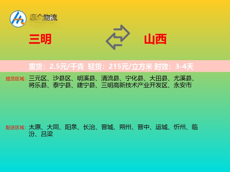 三明到山西物流专线