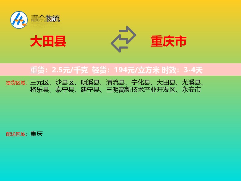 大田县到重庆市物流专线