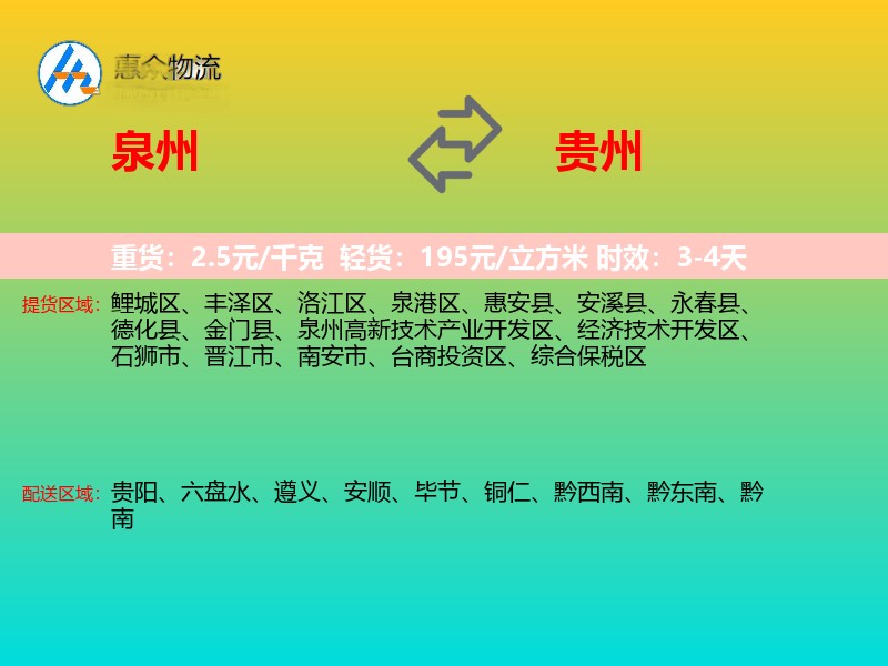 泉州到贵州物流专线