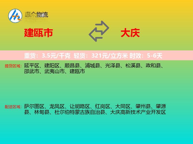 建瓯市到大庆物流专线