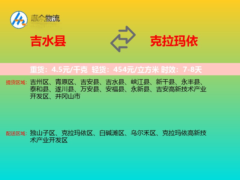 吉水县到克拉玛依物流专线价格时效