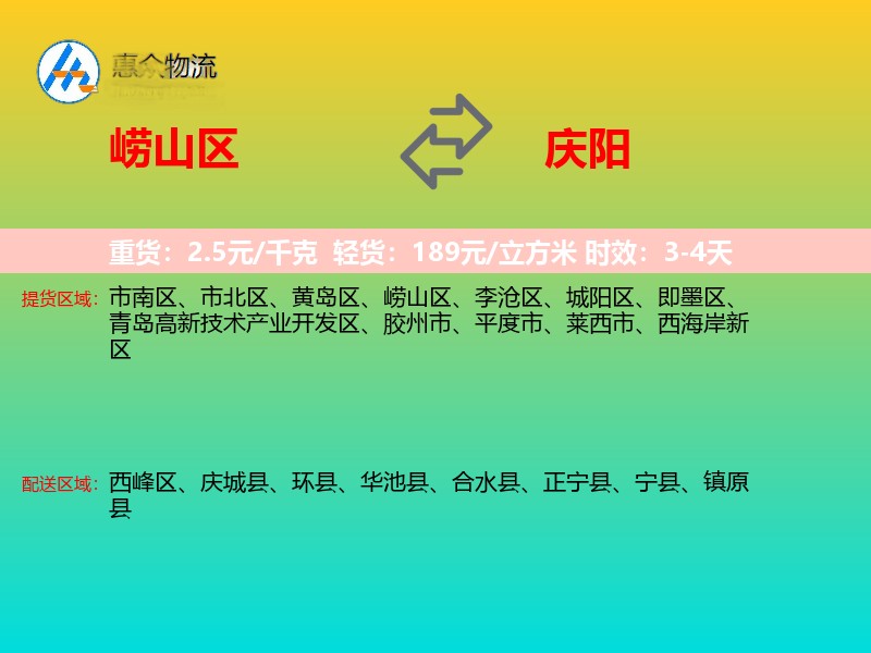 崂山区到庆阳物流专线