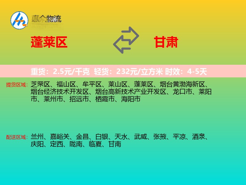 蓬莱区到甘肃物流专线
