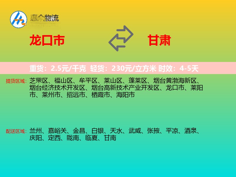 龙口市到甘肃物流专线