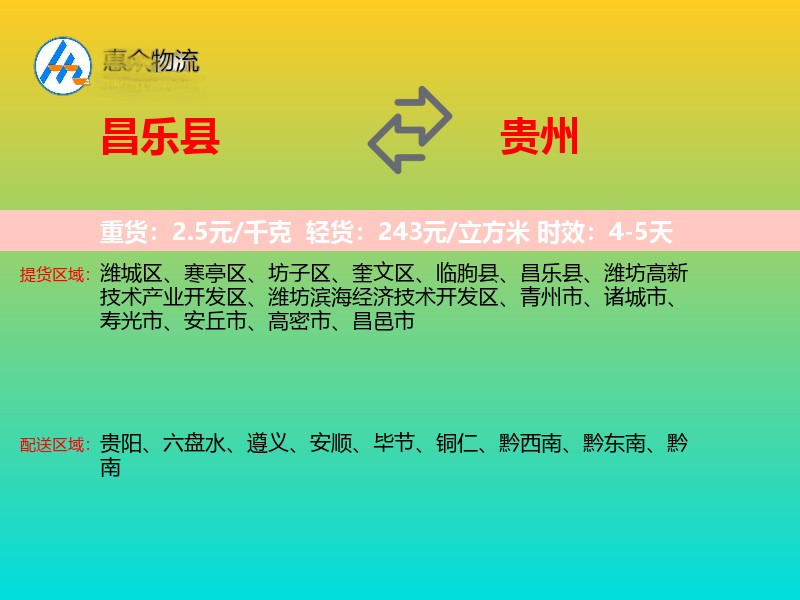 昌乐县到贵州物流专线