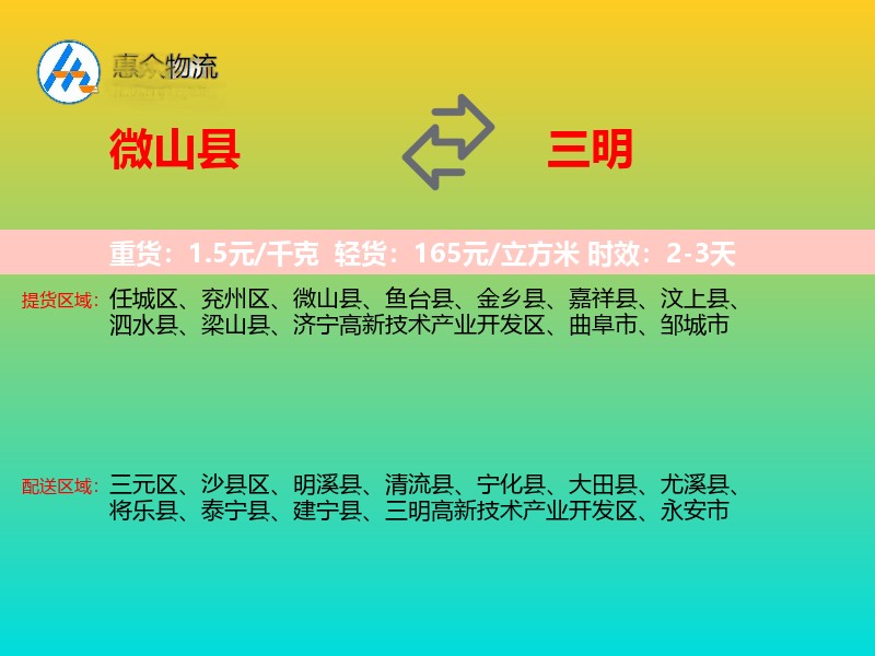 微山县到三明物流专线