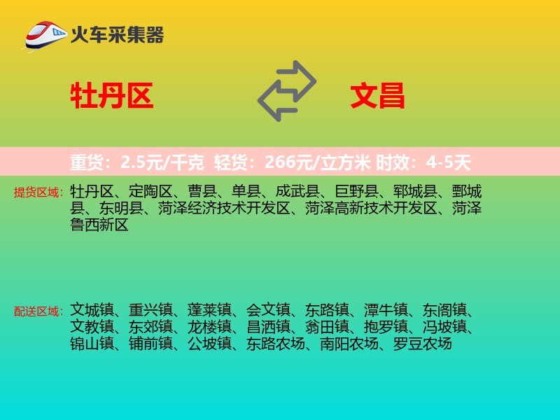 牡丹区到文昌物流专线