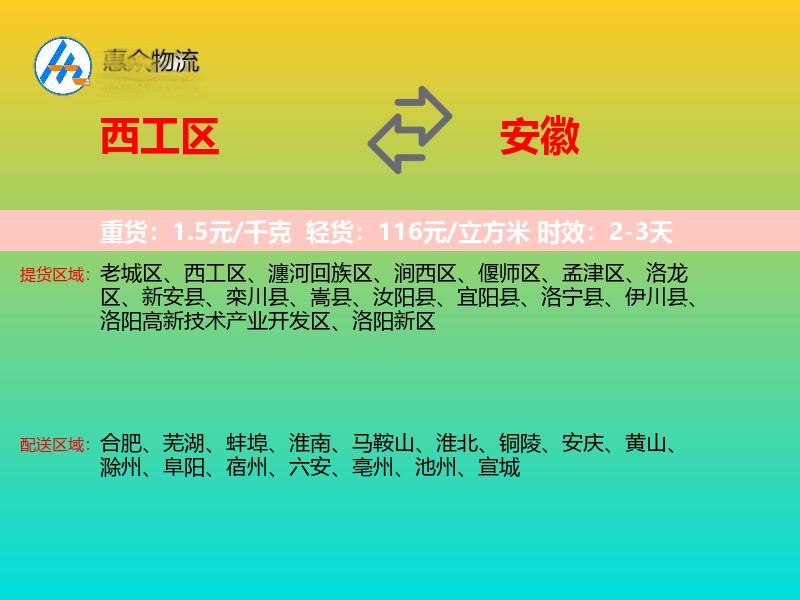 西工区到安徽物流专线