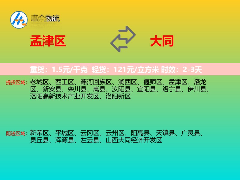 孟津区到大同物流专线