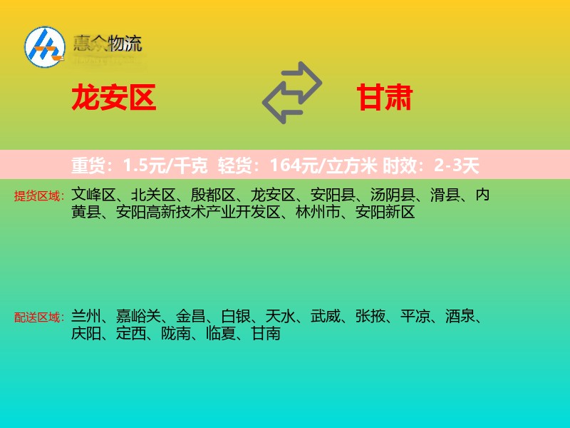 龙安区到甘肃物流专线