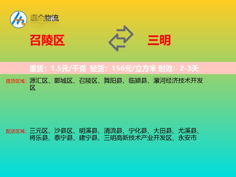 召陵区到三明物流专线