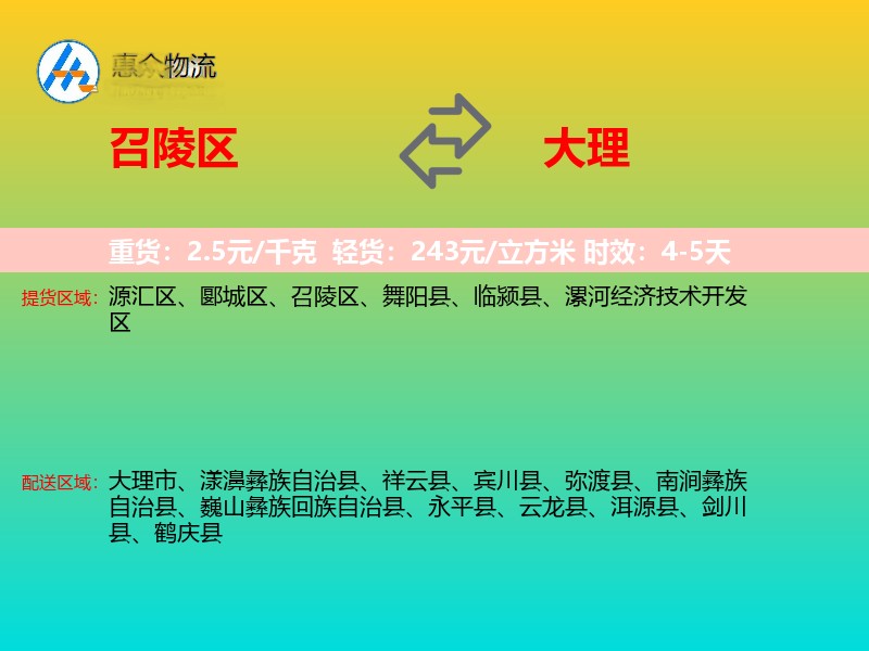 召陵区到大理物流专线