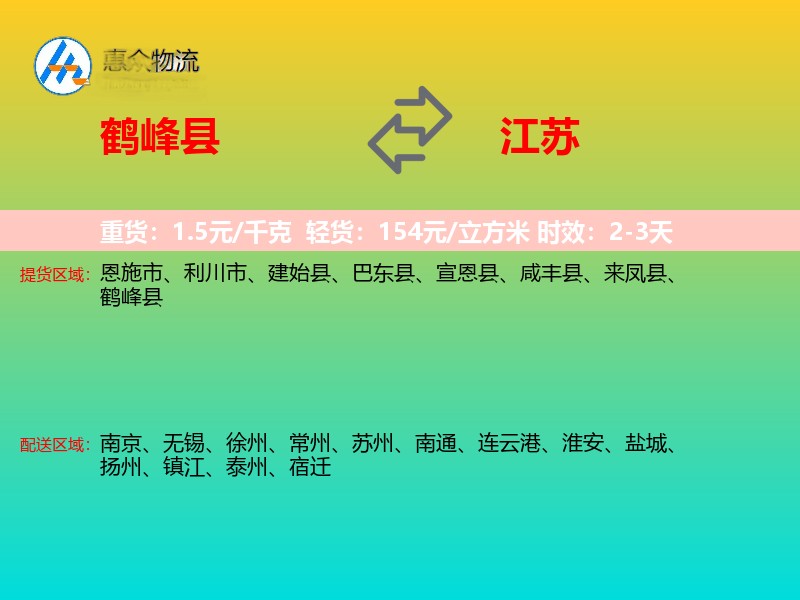 鹤峰县到江苏物流专线