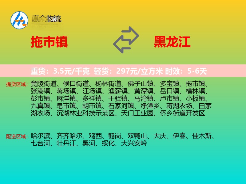 拖市镇到黑龙江物流专线