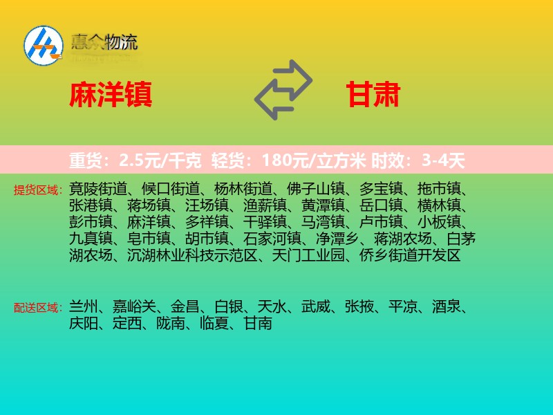 麻洋镇到甘肃轿车托运