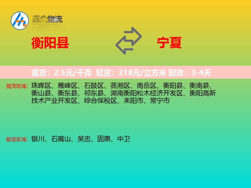 衡阳县到宁夏物流专线