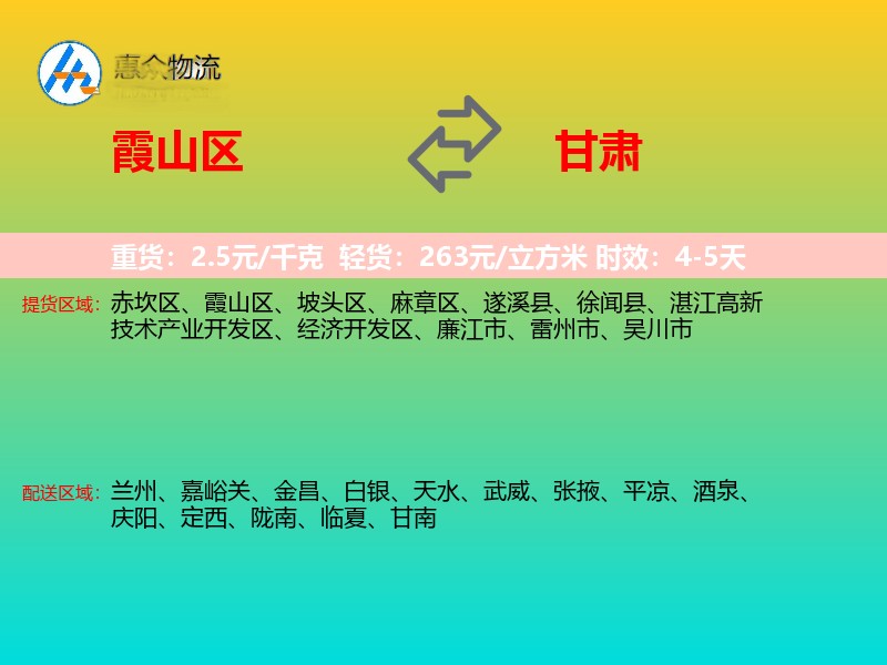 霞山区到甘肃物流专线