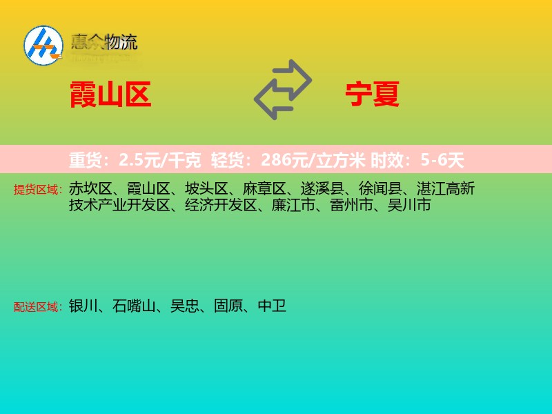 霞山区到宁夏物流专线