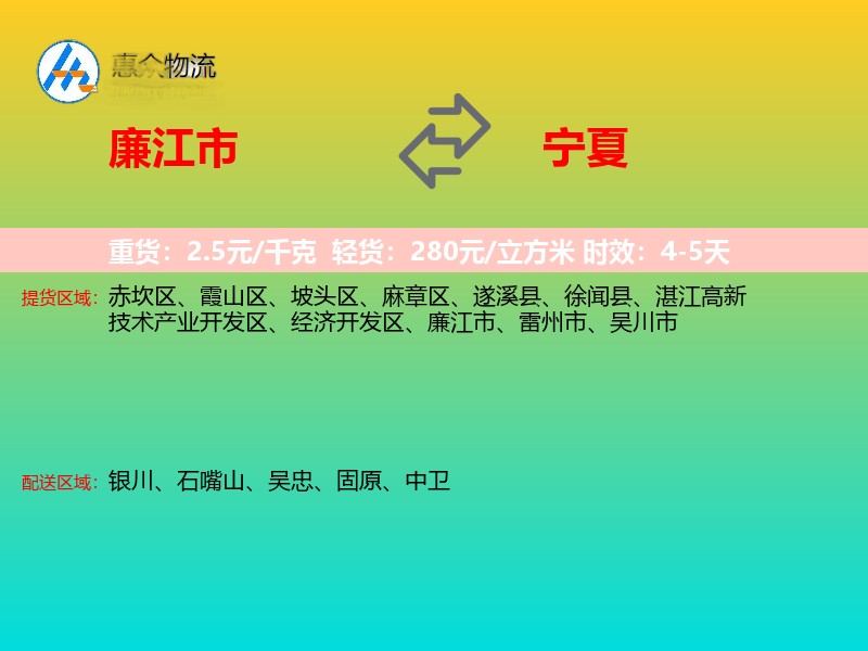 廉江市到宁夏物流专线