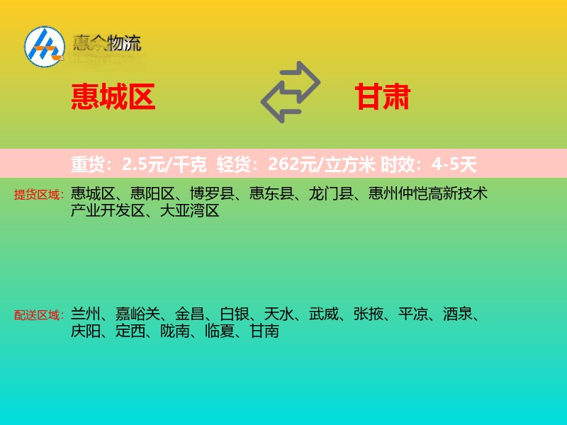 惠城区到甘肃物流专线