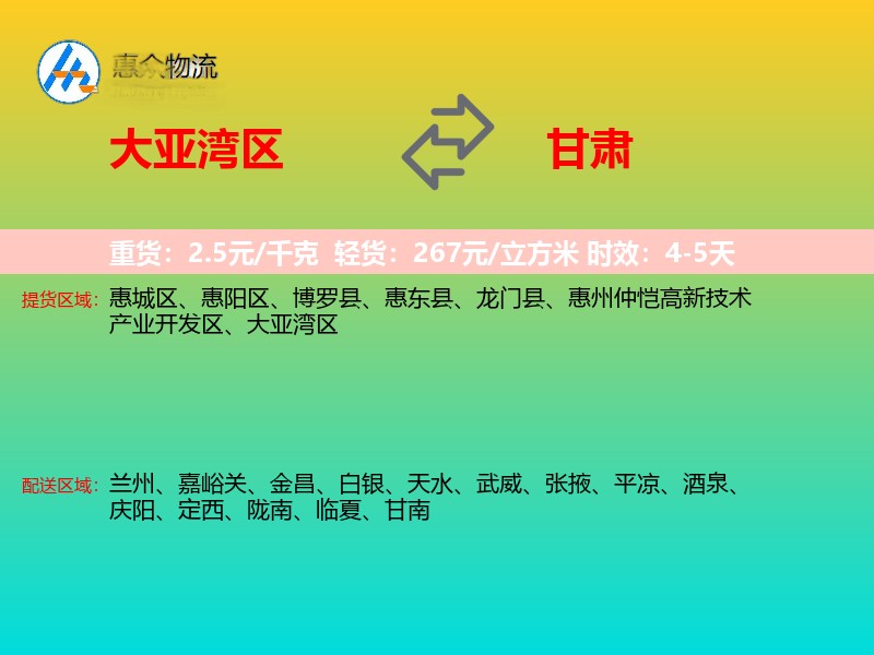 大亚湾区到甘肃物流专线
