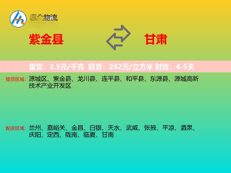 紫金县到甘肃物流专线