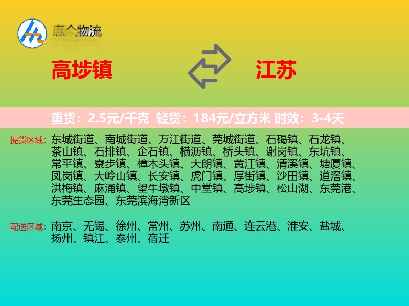 高埗镇到江苏物流专线