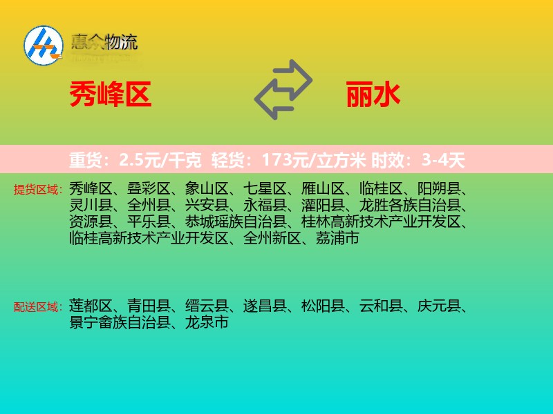 秀峰区到丽水物流专线