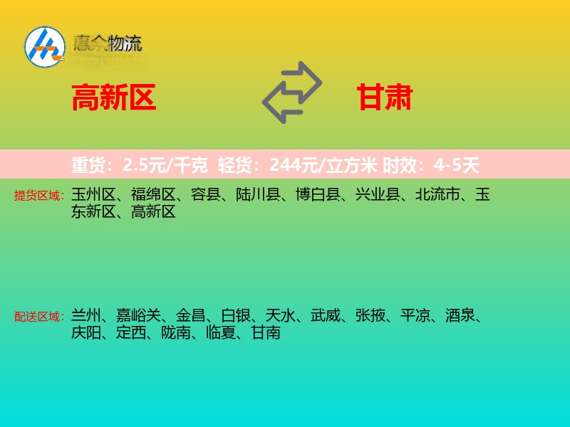 高新区到甘肃物流专线