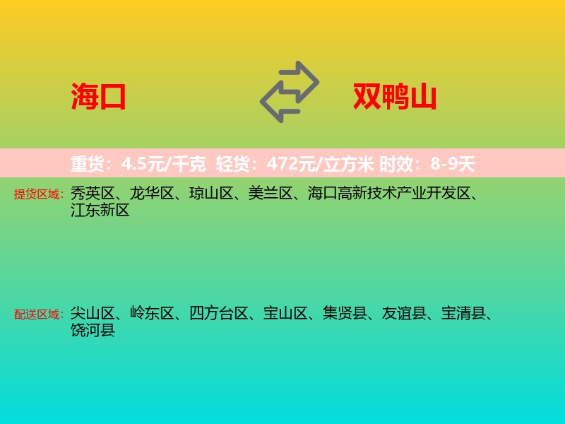 海口到双鸭山物流专线价格时效