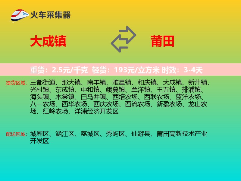 大成镇到莆田物流专线