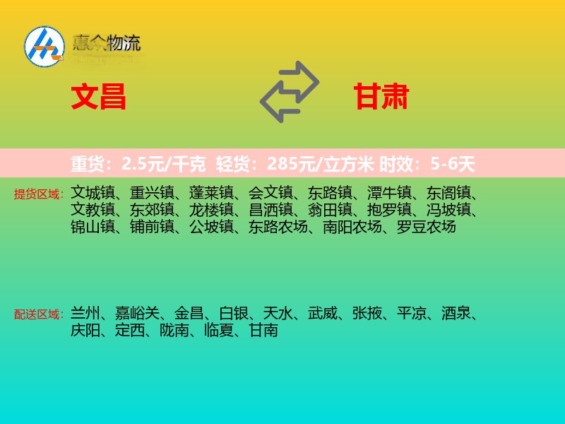 文昌到甘肃物流专线