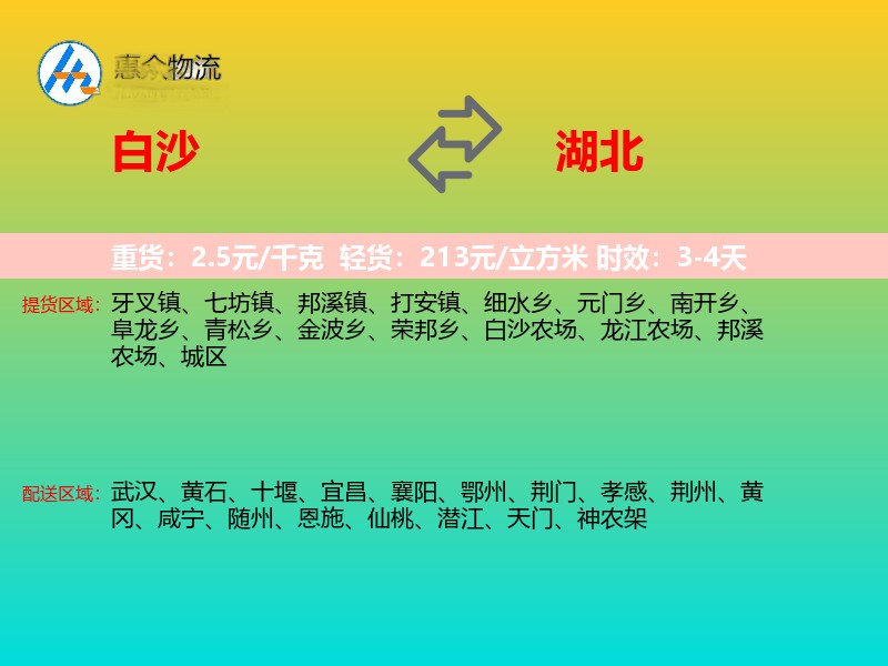 白沙到湖北物流专线