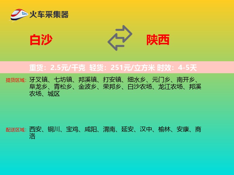 白沙到陕西物流专线