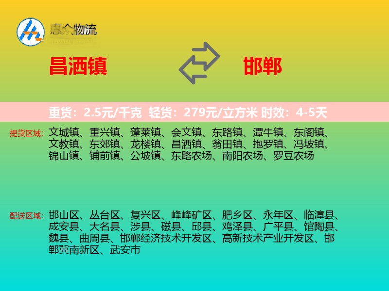 昌洒镇到邯郸物流专线