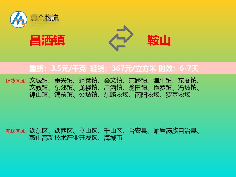 昌洒镇到鞍山物流专线